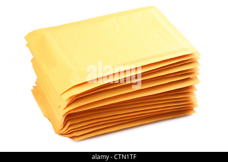 A stack of bubble padded envelopes on a white background.. Stock Photo