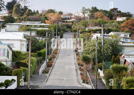 Man walking down Baldwin Street, Dunedin, New Zealand- the steepest residential street in the world Stock Photo