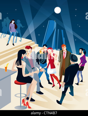 Illustration of fashion young people in a party. Behind them the silhouettes of tall towers and the full moon in the night sky. Stock Photo