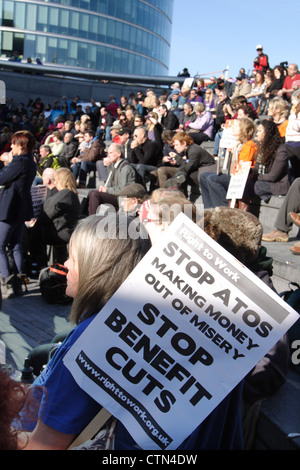 Hardest Hit Campaign 2011, protesting against loss of Disability LIving Allowance and welfare reform cutbacks to disabled people on low incomes, outside City Hall London SE1 England UK Stock Photo