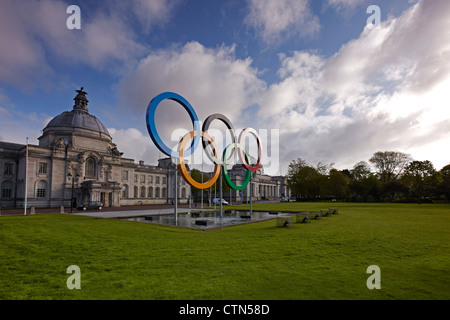 2012 Olympic Rings outside Cardiff City Hall, Cardiff, Wales, UK Stock Photo