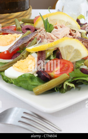 Fresh and traditional Salade Nicoise or Nicoise salad of tuna, anchovies, eggs, green beans, tomatoes, lettuce, olives and tomat Stock Photo