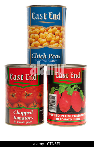 One tin of chopped tomatoes and one tin of peeled plum tomatoes tin chick peas in salted water Stock Photo