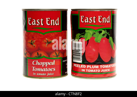 One tin of chopped tomatoes and one tin of peeled plum tomatoes Stock Photo