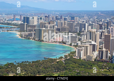 Aerial view of the skyline of Honolulu, Oahu, Hawaii, showing the downtoan and hotels around Waikiki Beach and other areas Stock Photo