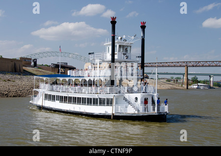 Tennessee, Memphis. Classic sightseeing riverboat on the Mississippi River. Mud Island in the distance. Stock Photo