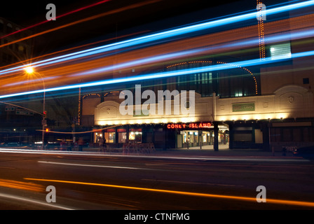 Traffic Light Trails in front of the Subway Station in Coney Island, Brooklyn Stock Photo