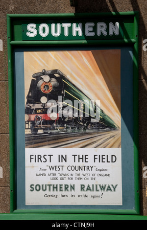 Steam Train on Southern Railways Poster; Watercress Line, Alresford, Hampshire, England, UK Stock Photo