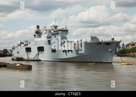 HMS Ocean moored on the River Thames at Greenwich to provide security for the London 2012 Olympic Games. Stock Photo