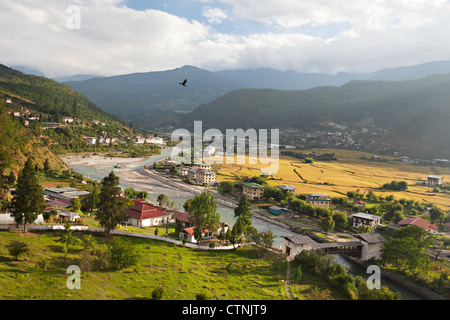 View of Paro Valley from Paro Dzong, Bhutan Stock Photo