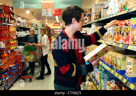 Shopping in a large supermarket. Different products. Stock Photo