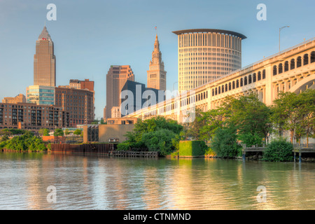 The skyline of Cleveland, Ohio as viewed over the Cuyahoga River from the Flats. Stock Photo