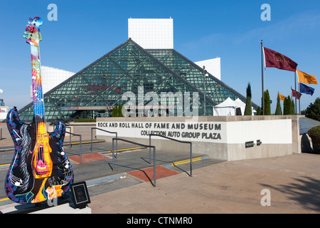 The Rock and Roll Hall of Fame and a GuitarMania guitar in Cleveland, Ohio. Stock Photo
