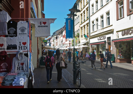 Souvenir shops on Main Street Altstadt 'Old Town' Heidelberg Germany Europe, T-Shirts 'I love Heidelberg', Tourists, Pedestrians Stock Photo