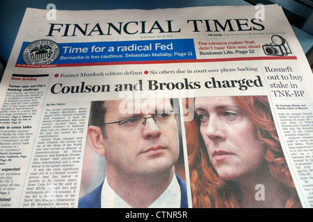 Financial Times newspaper headline 'Coulson and Brooks charged' in phone hacking scandal London UK  25 July 2012 Stock Photo
