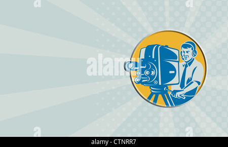 Illustration of a film crew television cameraman shooting with movie camera done in retro style set inside circle business card Stock Photo