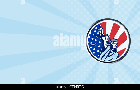 Illustration of lady with blindfold holding scales of justice with American stars and stripes flag set inside circle Stock Photo