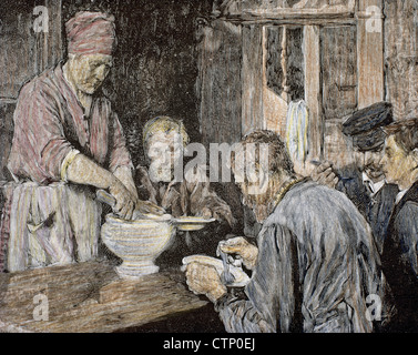 Family of workers at home during lunch. Colored engraving. 19th century. Stock Photo