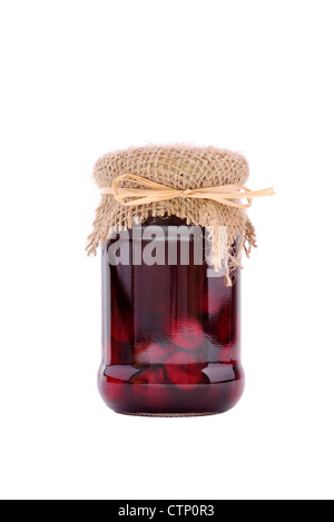Cherry jam with fresh fruits in jar isolated on white Stock Photo