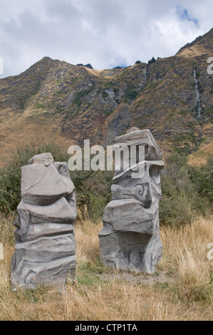 Craved wood sculptures near Wanaka, New Zealand Stock Photo