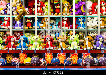 Stuffed animals prizes at a carnival game. Stock Photo