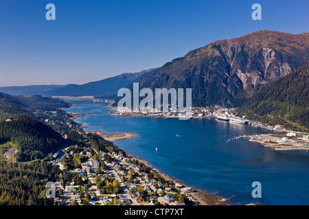 Aerial view looking from above Douglas Island towards Lynn canal and downtown Juneau, Southeast Alaska, Summer Stock Photo