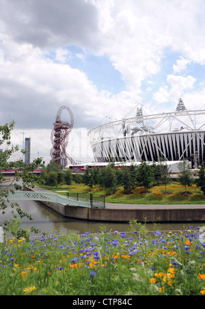 The Arcelor Mittal Orbit and Olympic Stadium at the Olympic Park in Stratford, East London on the first day of the London 2012 O Stock Photo