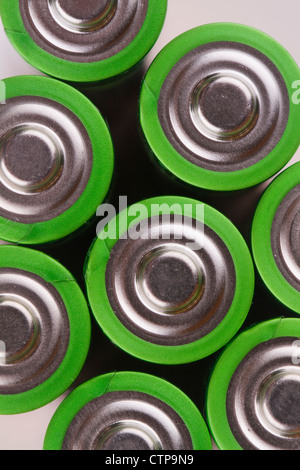 close up the top of AA battery,color on green Stock Photo