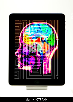 Tablet computer with an illustration of the human brain Stock Photo