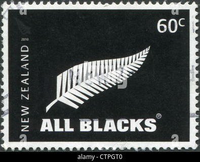 Postage stamps printed in New Zealand, shows the emblem of All Blacks - New Zealand national rugby union team, circa 2010 Stock Photo
