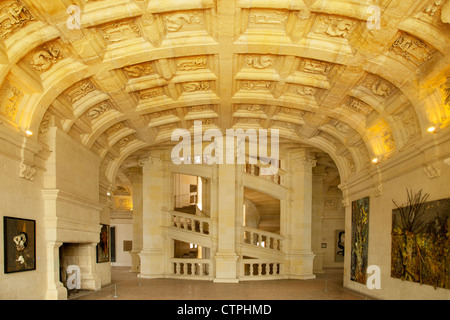 Ceiling and Grand Staircase of Chateau de Chambord, Loire-et-Cher, Centre France Stock Photo