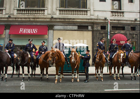 Members of the NYPD Mounted Unit getting ready for the St. Patrick's Day parade in New York City on Mar. 16, 2002. Stock Photo