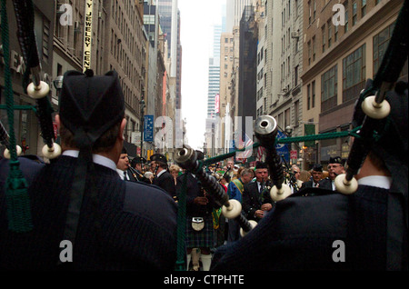 Bagpipers getting ready for the St. Patrick's Day parade in New York City on Mar. 16, 2002. Stock Photo