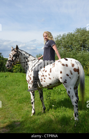 Teenage girl riding appaloosa horse, Stanwell Moor, Surrey, England, United Kingdom Stock Photo