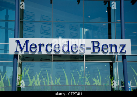 Mercedes-Benz sign at Mercedes-Benz World, Brooklands, Weybridge, Surrey, England, United Kingdom Stock Photo