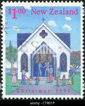 NEW ZEALAND - CIRCA 1992: A stamp printed in New Zealand, is dedicated to Christmas, depicted the church, circa 1992 Stock Photo