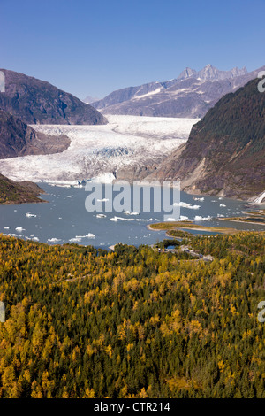Aerial view of Mendenhall Glacier and the Mendenhall Glacier Visitor Center, Juneau, Southeast Alaska, Autumn Stock Photo