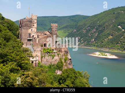 Burg Rheinstein castle above river Rhine in Germany Stock Photo