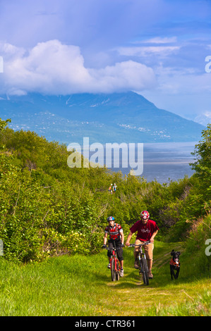Two men mountain biking their dog on trail in Kincaid Park view Cook Inlet in background Anchorage Southcentral Alaska Summer Stock Photo