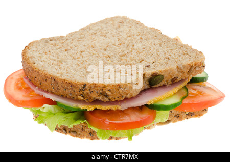 Fresh ham and salad sandwich with granary bread - studio shot with a white background Stock Photo