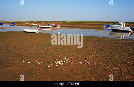 Cockle shells and boats at low tide at Burnham Overy Staithe, Norfolk, England, United Kingdom. Stock Photo