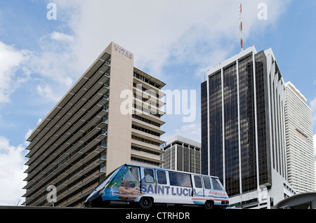 Skyscrapers and the free Metromover train in downtown Miami, Florida, USA Stock Photo