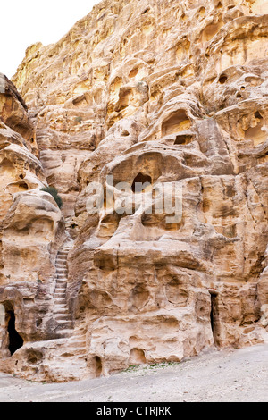 living ancient cavern and steps in Little Petra, Jordan Stock Photo