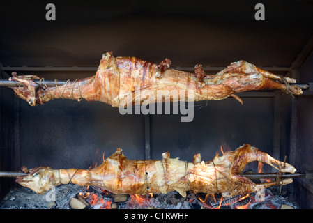 Two Lambs Roasting on Barbecue Spit Stock Photo