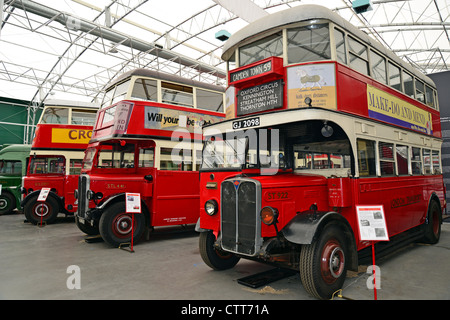 Vintage double-decker buses in The London Bus Museum, Brooklands, Weybridge, Surrey, England, United Kingdom