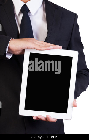 businessman hold tablet in his hand isolate on white with clipping path Stock Photo