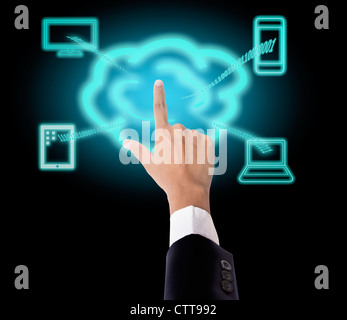 businessman touch, click cloud computing Stock Photo