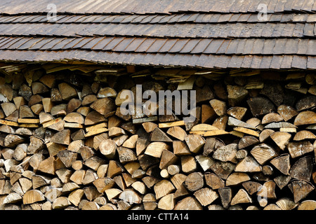 Pile of fuelwood with tared wooden roof Stock Photo