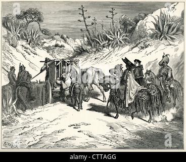 Curate was very attentive and believed him a man of a sound judgment. Illustration by Gustave Dore from Don Quixote. Stock Photo