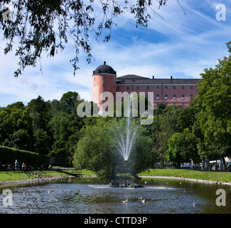 Water fountains in the Svandammen park below Uppsala Castle. Sweden. Stock Photo